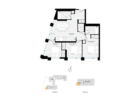 Floor plan for 3 beds, 2 baths, 862 sqft